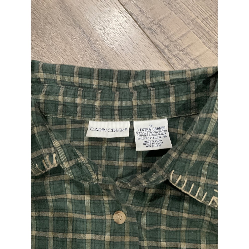 Cabin Creek Green Plaid Embroidered Floral Button Down Shirt 1X vintage - Picture 3 of 9